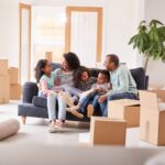 Family relaxing together in a new home surrounded by moving boxes in Monroe County NY