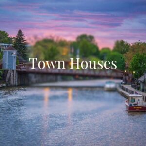 Fairport NY town houses for sale along the Erie Canal at sunset