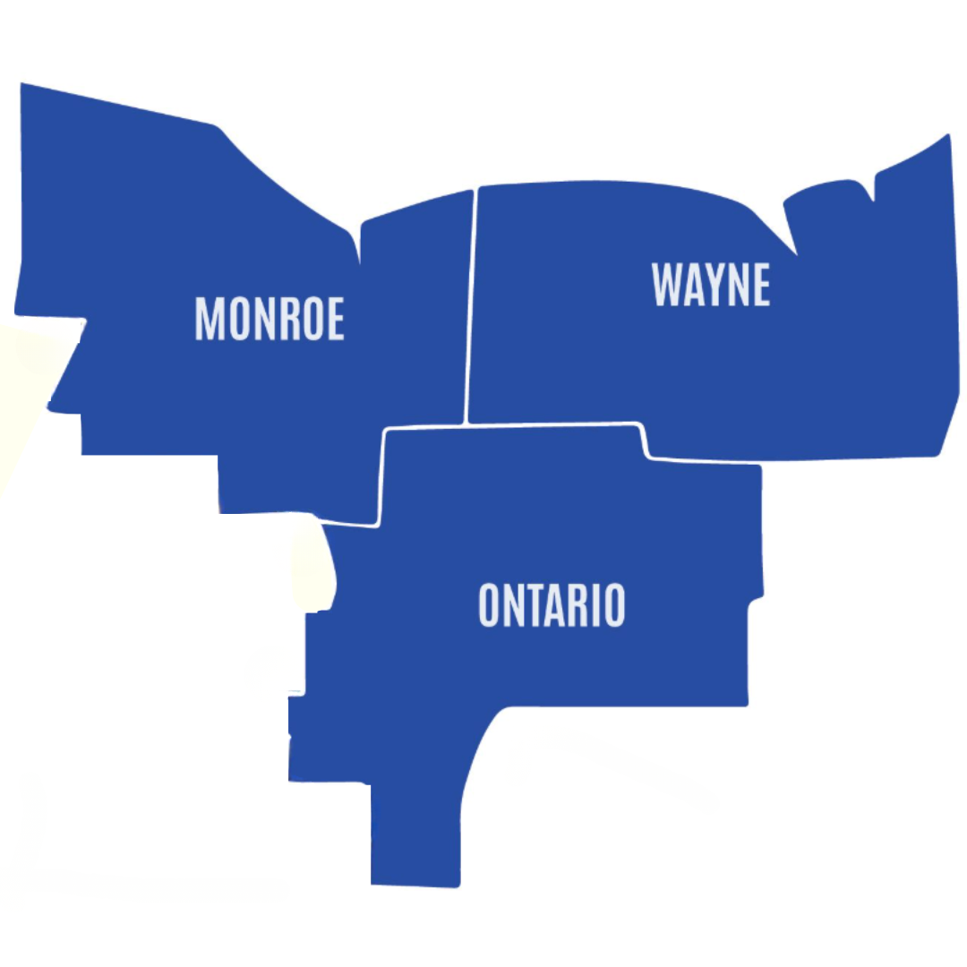 Map showing Monroe, Wayne, Ontario counties