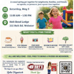 Event flyer for a free community popup in Webster, NY hosted by Lalla Fitzpatrick, Associate Broker at RE/MAX Plus. Saturday, May 9, 11 AM–1:30 PM at Holt Road Lodge, 255 Holt Road, Webster NY. Features coffee from Traveling Tom's, ice cream from Netsins, free mini photo sessions, a bounce house, and kids bike helmet gift cards from Bert's Bikes and Fitness while supplies last. All are welcome.