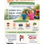 Event flyer for a free community popup in Webster, NY hosted by Lalla Fitzpatrick, Associate Broker at RE/MAX Plus. Saturday, May 9, 11 AM–1:30 PM at Holt Road Lodge, 255 Holt Road, Webster NY. Features coffee from Traveling Tom's, ice cream from Netsins, free mini photo sessions, a bounce house, and kids bike helmet gift cards from Bert's Bikes and Fitness while supplies last. All are welcome.