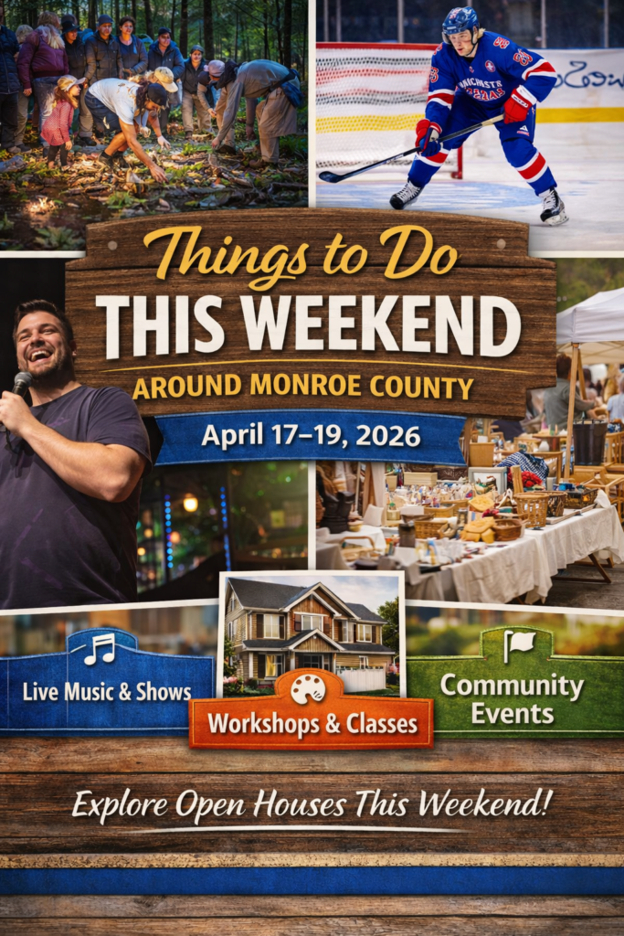 Things to Do This Weekend Around Monroe County, April 17–19, 2026. Collage featuring community volunteers working outdoors, a hockey player in action, a comedian performing live, and a craft fair vendor display. Categories highlighted include Live Music and Shows, Workshops and Classes, and Community Events, with a call to action to Explore Open Houses This Weekend alongside a photo of a charming two-story home.