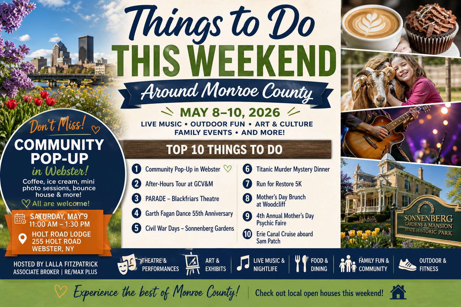 Weekend events guide for Monroe County, NY, May 8–10, 2026. Top 10 things to do including Community Pop-Up in Webster, after-hours tour at GCV&M, PARADE at Blackfriars Theatre, Garth Fagan Dance 55th Anniversary, Civil War Days at Sonnenberg Gardens, Titanic Murder Mystery Dinner, Run for Restore 5K, Mother's Day Brunch at Woodcliff, Mother's Day Psychic Faire, and Erie Canal cruise aboard Sam Patch. Categories include theatre, art, live music, dining, family fun, and outdoor fitness.