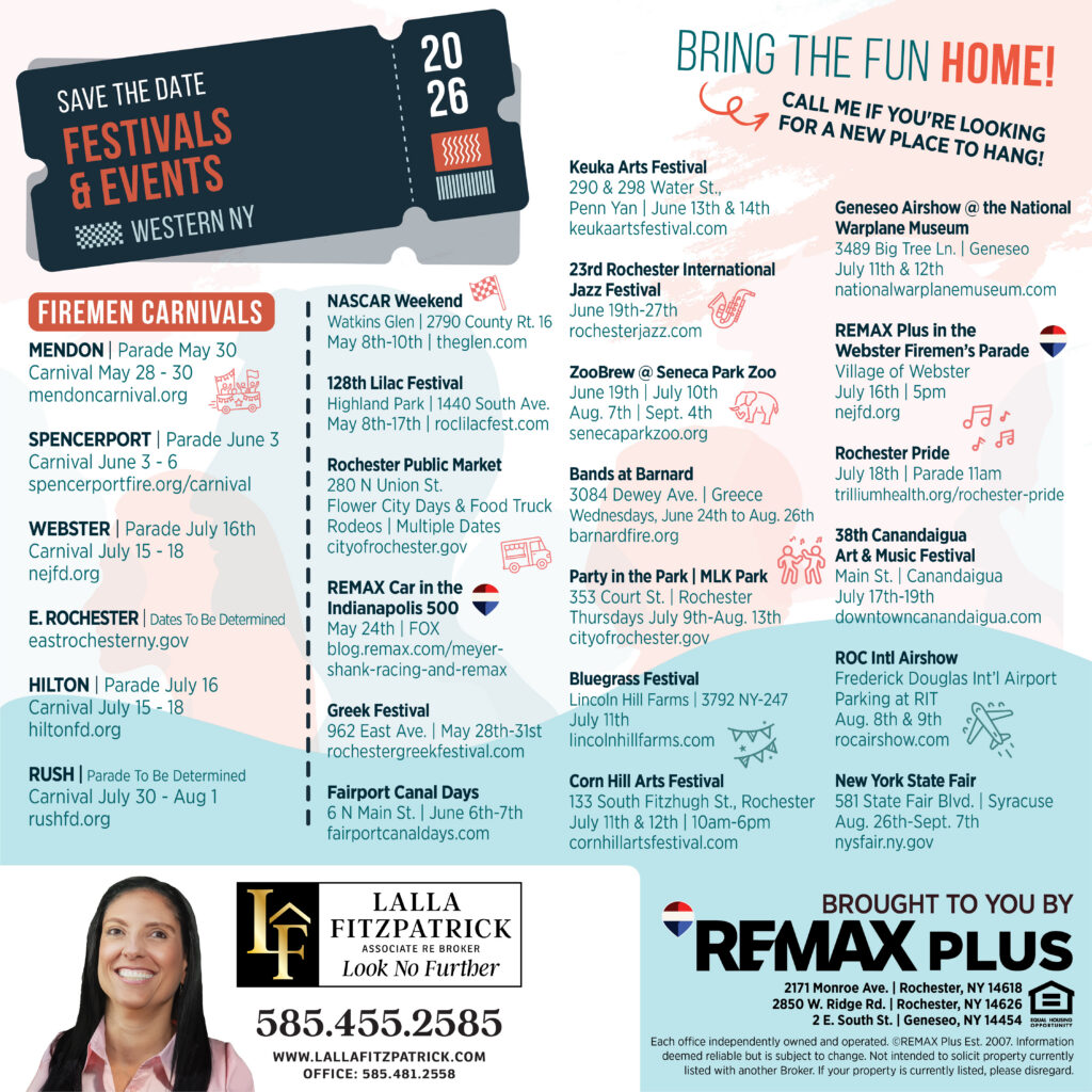 2026 Western NY Festivals & Events save-the-date guide from Lalla Fitzpatrick, RE/MAX Plus Associate Broker.
